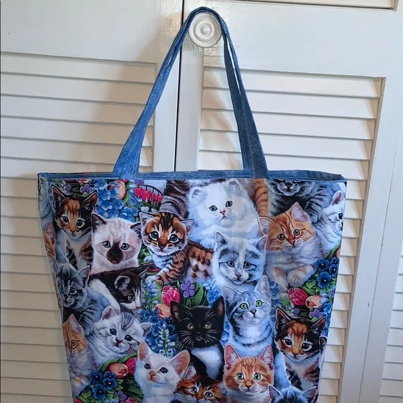 Hand Crafted Multicolor Cat Print Tote Bag All Purpose Carry All Shoulder Purse - Picture 3 of 7